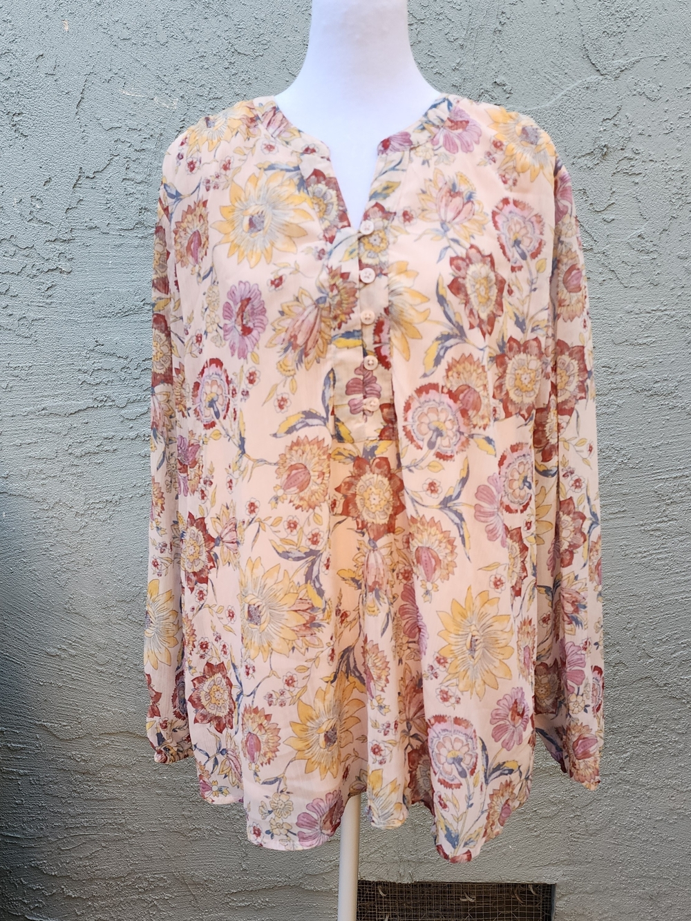 Coldwater Creek Floral Peasant Blouse Top Cream Pink Yellow Boho Henley Size XL